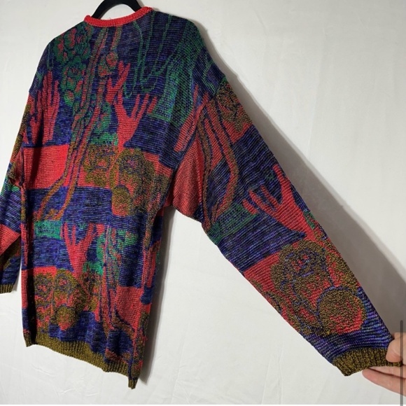 Vintage Holt Renfrew Red Blue Green Knit Half Button Up Pullover Light Sweater M - Picture 8 of 16
